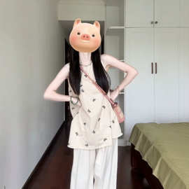 韩系蝴蝶结印花背心衬衫女夏季甜美宽松中长款无袖娃娃衫外穿上衣
