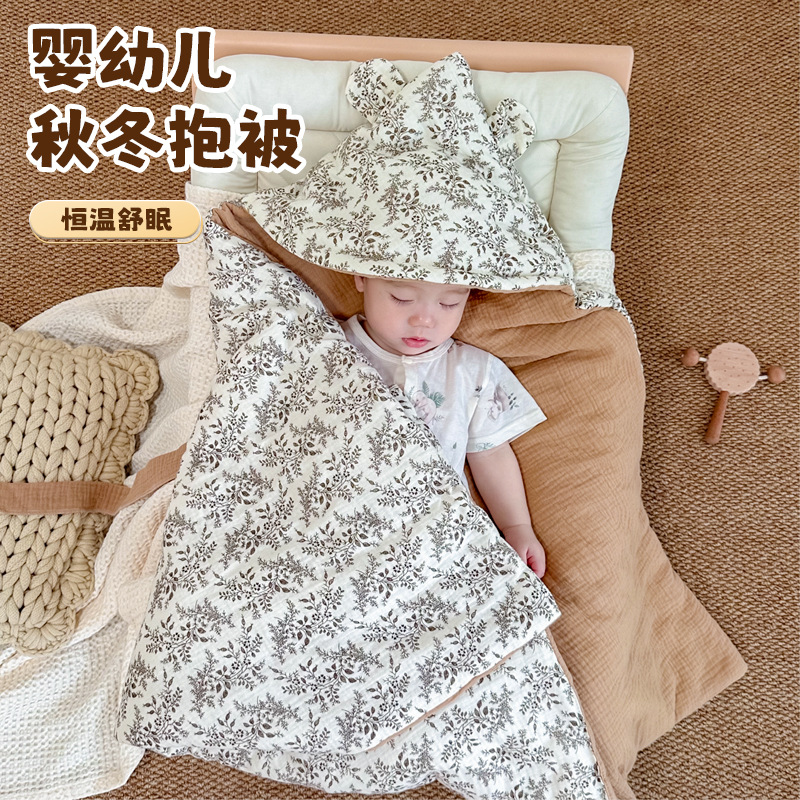 Newborn Baby Autumn and Winter Pure Cotton Type a Newborn Baby Blanket Single Thickeneded Swaddling Towel for Outing All in One