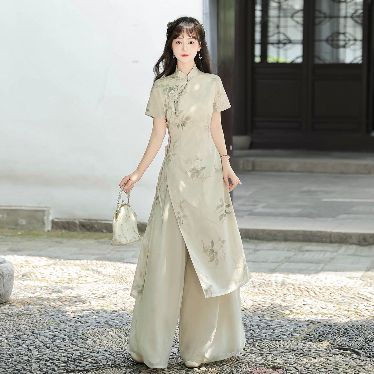 Diseño original escucha el nuevo estilo chino de mujeres chinas mejorar los pantalones de elementos han conjunto de cheongsam X059