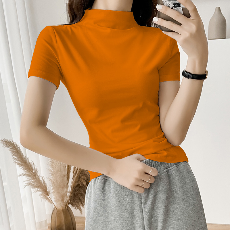 하프 하이 칼라 오렌지 티셔츠 여성 반팔 2025 뉴 스타일 얇은 올매치 우아한 슬리밍 탑 반소매 여름