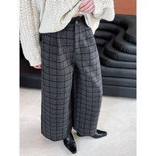 鹿西韩系冬季新款高腰半松紧复古九分裤女加厚百搭格子阔腿裤1856