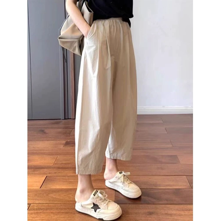 Женские брюки-морковки больших размеров с высокой талией, летний тонкий стиль, миниатюрные свободные повседневные шаровары, укороченные широкие брюки.