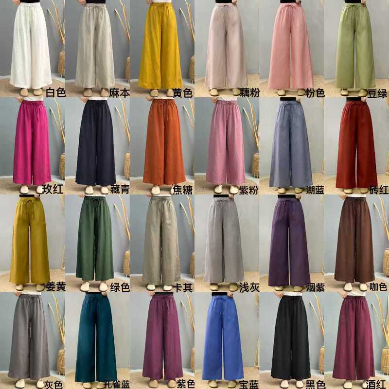 Pure Linen Wide-Leg Pants, New Spring and Summer Style, Retro Artistic Casual Loose Slimming Straight-Leg Pants for Women 82538