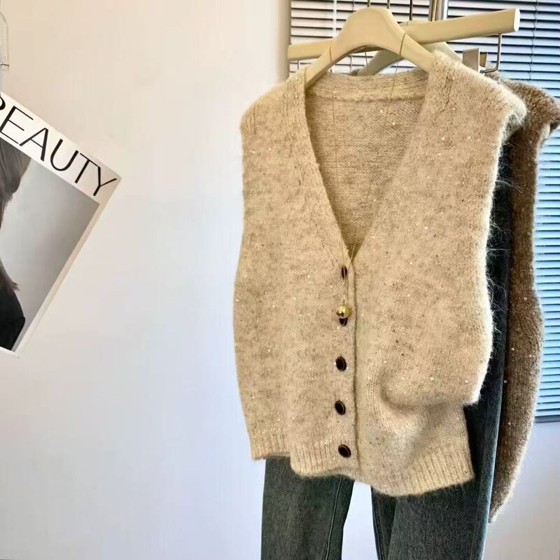 Korean Style Knitted Sweater Vest 2025 New Vest Pure Color Autumn and Winter Sleeveless Cardigan Spring and Autumn Women's Clothing