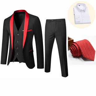 New Foreign Trade Korean-style British Slim-fit Shawl Collar Suit Men's Business Gentleman Solid Color Suit Three-piece Set