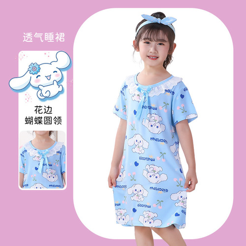Girls' Summer Pajamas Short-sleeved Sweet Cartoon Lace Skirt Toddler One-piece Dress Children's Clothing for Middle and Older Kids Home Wear