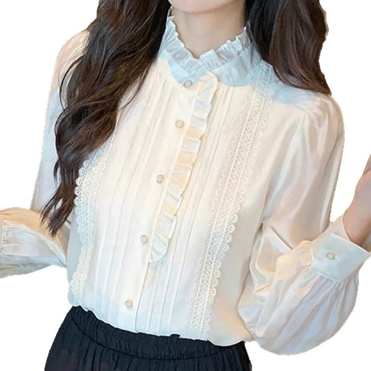法式高级感木耳边长袖立领衬衫女2025早春季新款别致减龄气质上衣|undefined