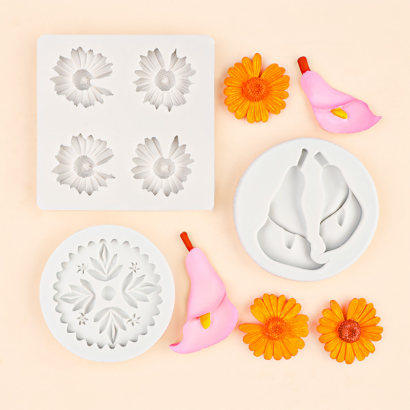 Cuatro piezas de silicona margarita molde para hornear pastel de bricolaje fondant flor molde de chocolate molde de viruta de cera epoxi
