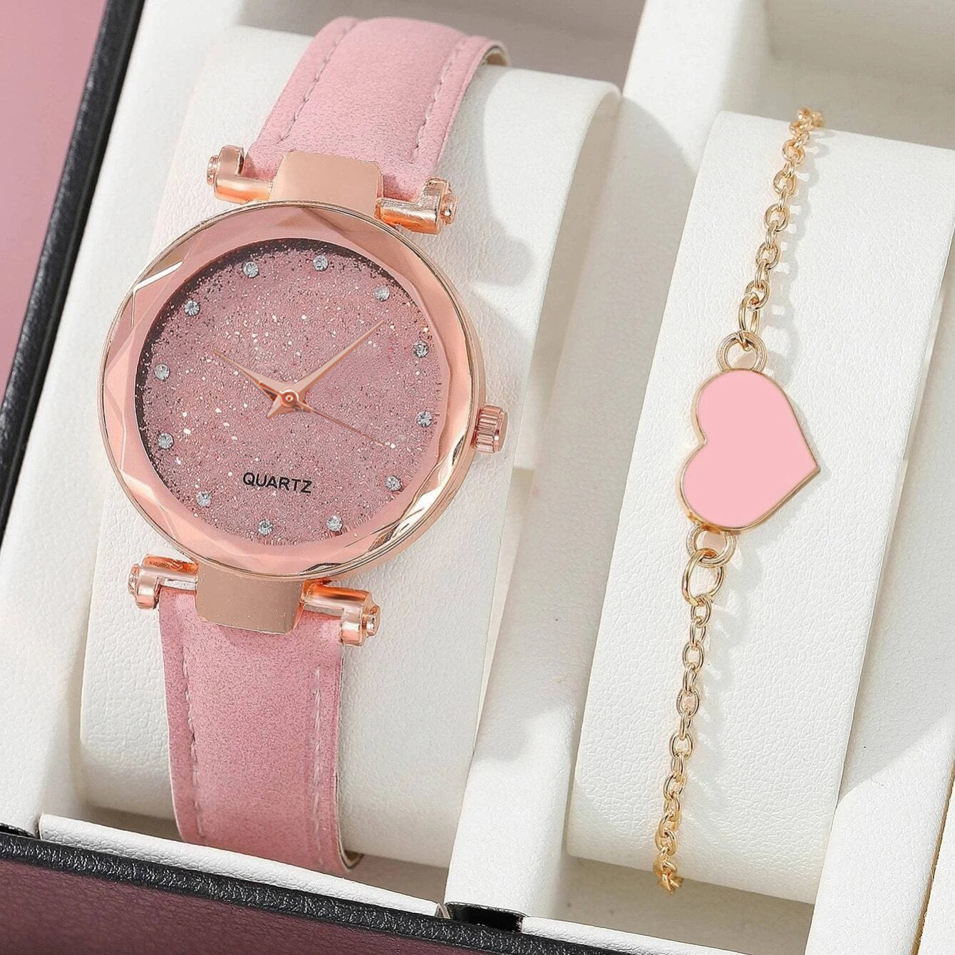 Beliebte einfache silber rosa strass oberfläche frauen Uhr matt lederband frauen casual mode zwei-stück uhr_voghion.com