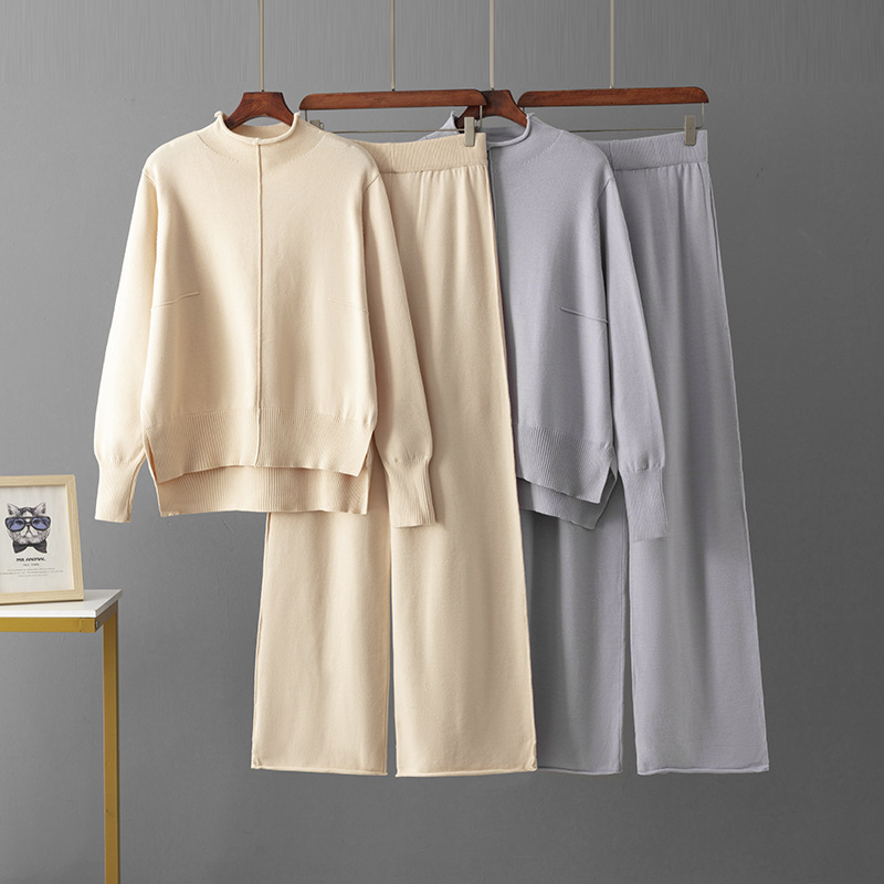 European and American Cross-Border Knitted Sweater Two-Piece Set for Women, New Autumn and Winter Style, Loose Casual Sweater + Wide-Leg Pants Set for Women