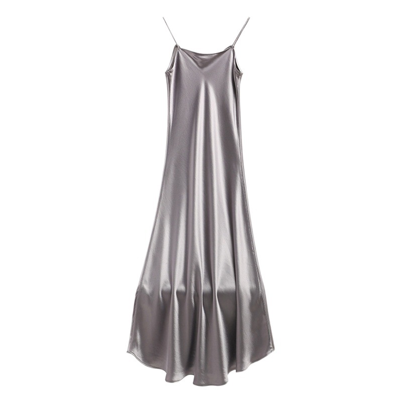 2025 春夏スイングカラーアセテートドレスミッドレングスハイエンドサテンシルキー気質女神新しいサスペンダーロングスカート