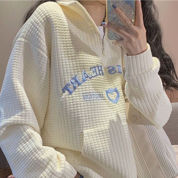 Polo americano waffle suéter mujeres primavera y otoño diseño sentido nicho estilo coreano flojo perezoso bordado superior