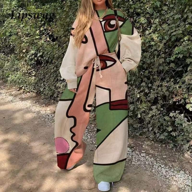 Conjunto de Sudadera Informal con Cuello Redondo y Estampado Holgado para Mujer, Estilo Europeo y Americano, Novedad de Comercio Exterior Transfronterizo para Otoño 2025