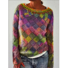 现货秋冬季欧美亚马逊通勤打底圆领菱格长袖针织印花上衣简约百搭