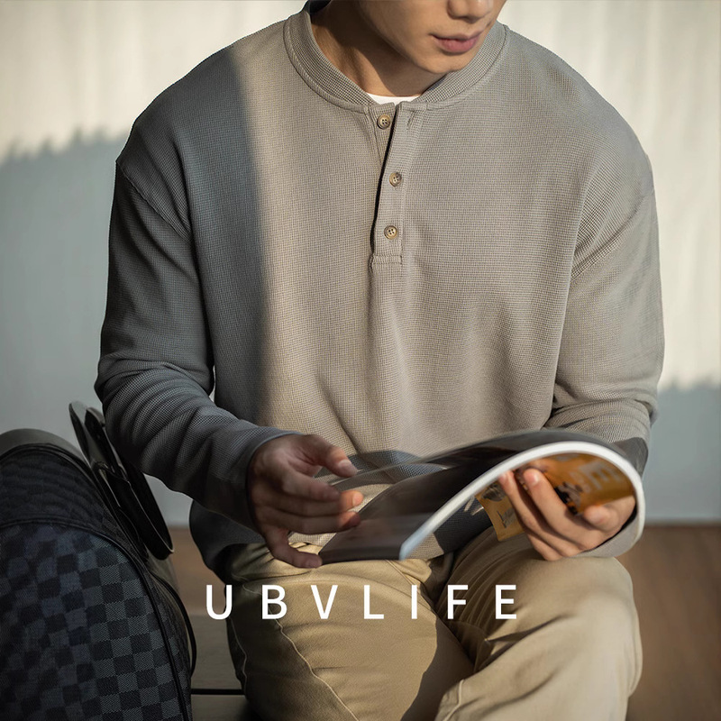 [Urban Casual Series] Waffle Baseball Collar Long Sleeve T-Shirt for Men 2026 Spring New Sweatshirt Henry Collar
