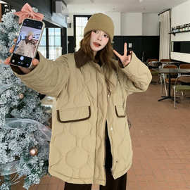 卡其色复古撞色翻领羽绒服女中长款2025冬季宽松保暖90白鸭绒外套