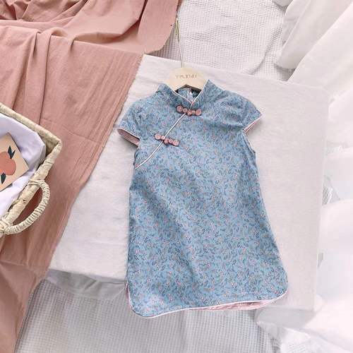 Girls Chinese style retro Hanfu summer new style children's style cheongsam girl floral dress baby skirt