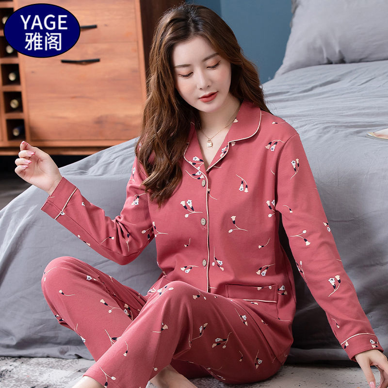 Pijamas de algodón Primavera y otoño de las mujeres chaqueta de manga larga traje de mediana edad y las madres mayores más tamaño al aire libre desgaste del hogar de invierno