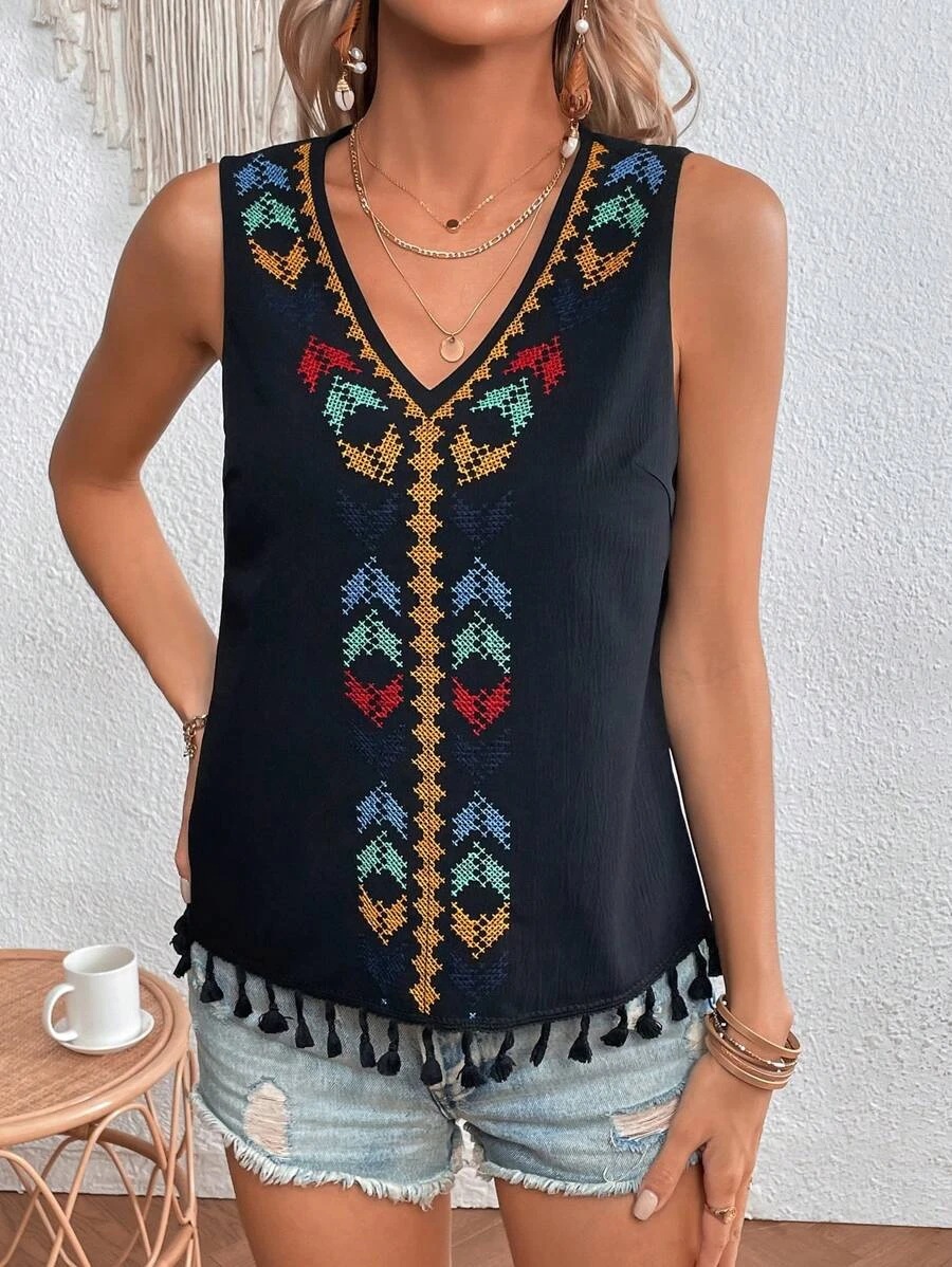 Street Occasion V Neck Neckline Slim Fit Type Embroidery Pattern Wholesale Women'S Streetwear Embroidery Embroidery Tank Tops