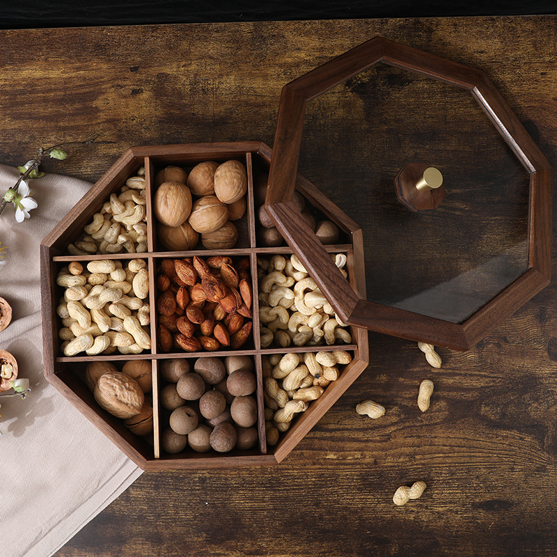 Caja de fruta seca de madera maciza de nogal negro con tapa plato de fruta seca nuevo estilo chino Luz de lujo creativo boda exquisita caja de regalo de almacenamiento