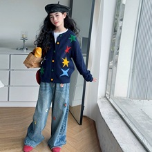 女童秋装开衫毛衣时尚网红新款韩系秋装彩色五角星圆领长袖针织衫