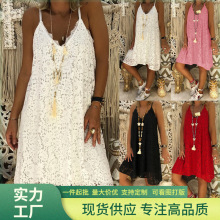 亚马逊eBay速卖通wish女装夏纯色无袖V领吊带蕾丝宽松连衣裙