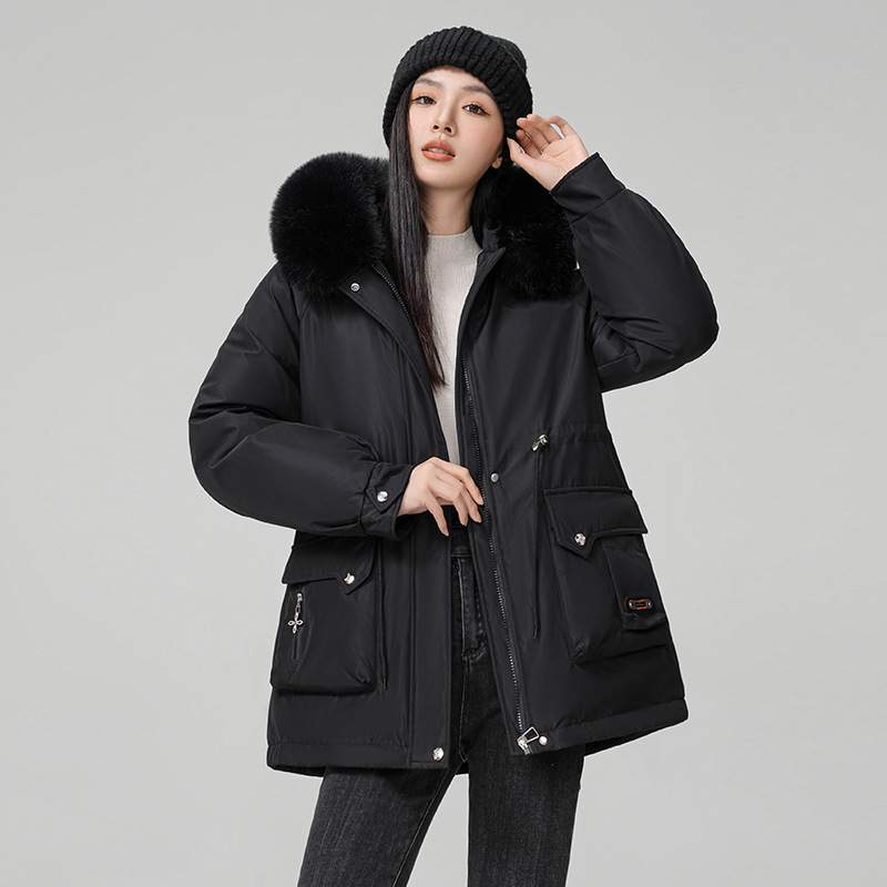 Paquete de mujeres de invierno nuevo estilo coreano de cintura delgada con capuzas cuello de pelo más chaqueta de algodón mediano largo image 7