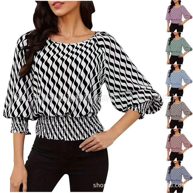 Cross-Border 2025 Spring Women's Lantern Sleeve Top, Waist-Cinching Short Color-Blocking Printed Long-Sleeve T-Shirt for Women