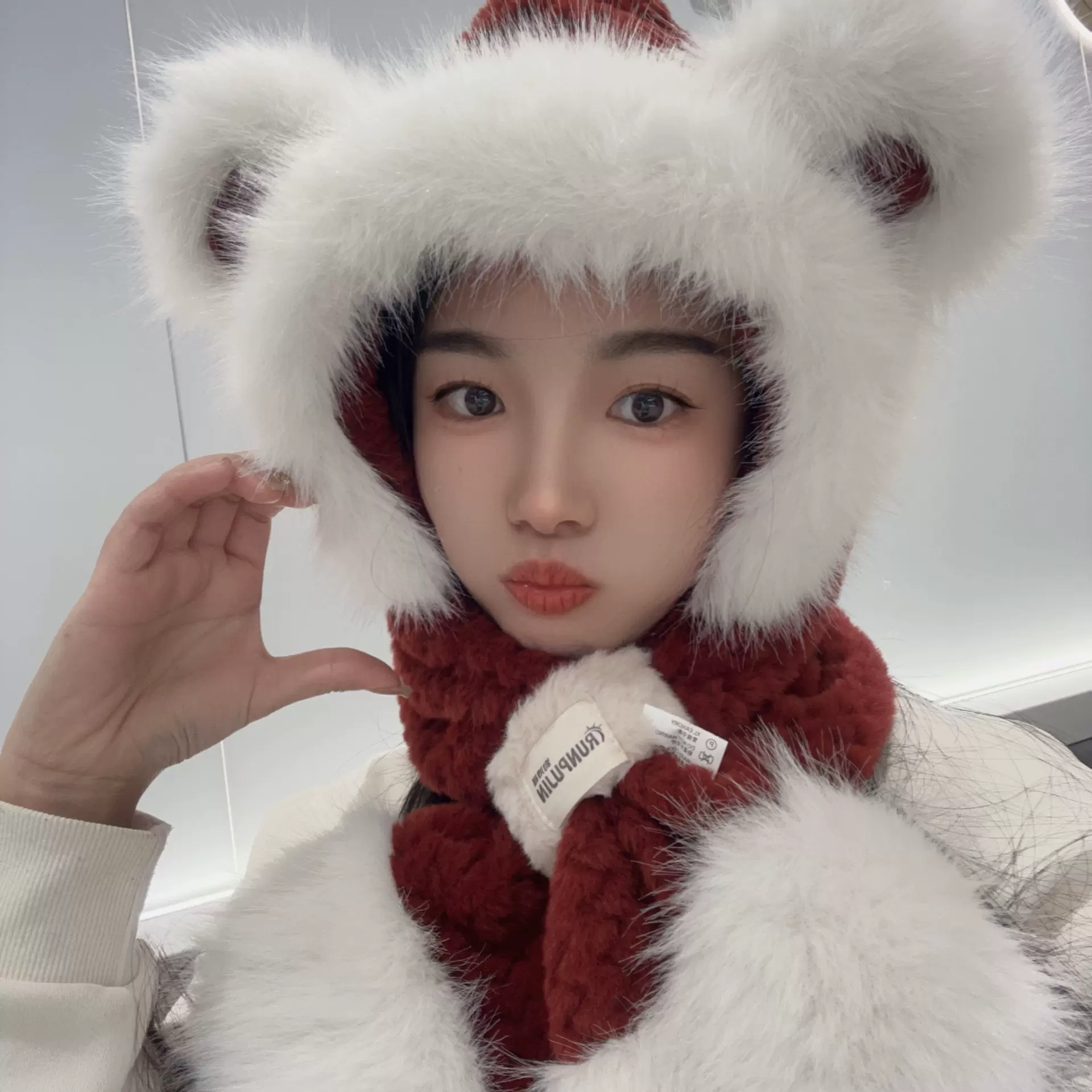 帽子女2024新款秋冬围巾一体连帽小熊可爱骑车加厚保暖护耳毛绒帽