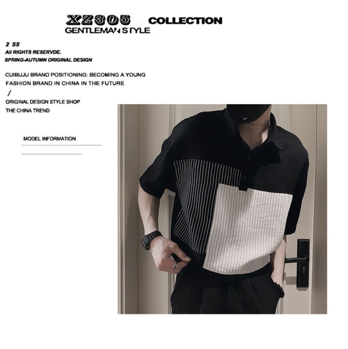 Áo polo nam tay ngắn phối sọc retro chất lụa mát mùa hè — Màu đen [chất lượng cao băng va chạm màu] chi tiết 2