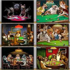 趣味动物斗牛犬打牌海报工厂一件代发高清喷绘油画布跨境电商希音