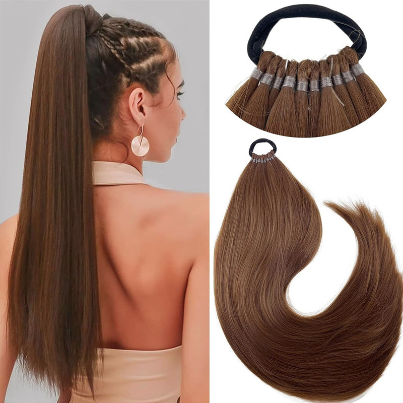 European and American Wig Ponytail Long Straight Hair Chemical Fiber Hair Synthetic Ponytail Wrapped Rubber Band Yaki Silk Ponytail Wig