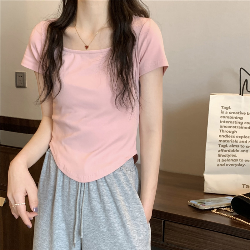 175g Weight Short Sleeve Sleeve Length Polyester Fabric Type Short Top Length T-shirt Tops Type Casual, Daily Occasion Square Neck Neckline Slim Fit Type Solid Color Pattern Spring, Autumn Season Women's Gender Casual, Simple Style Style Wholesale Women's Casual Simple Style Solid Color Short Sleeve T-Shirts 3