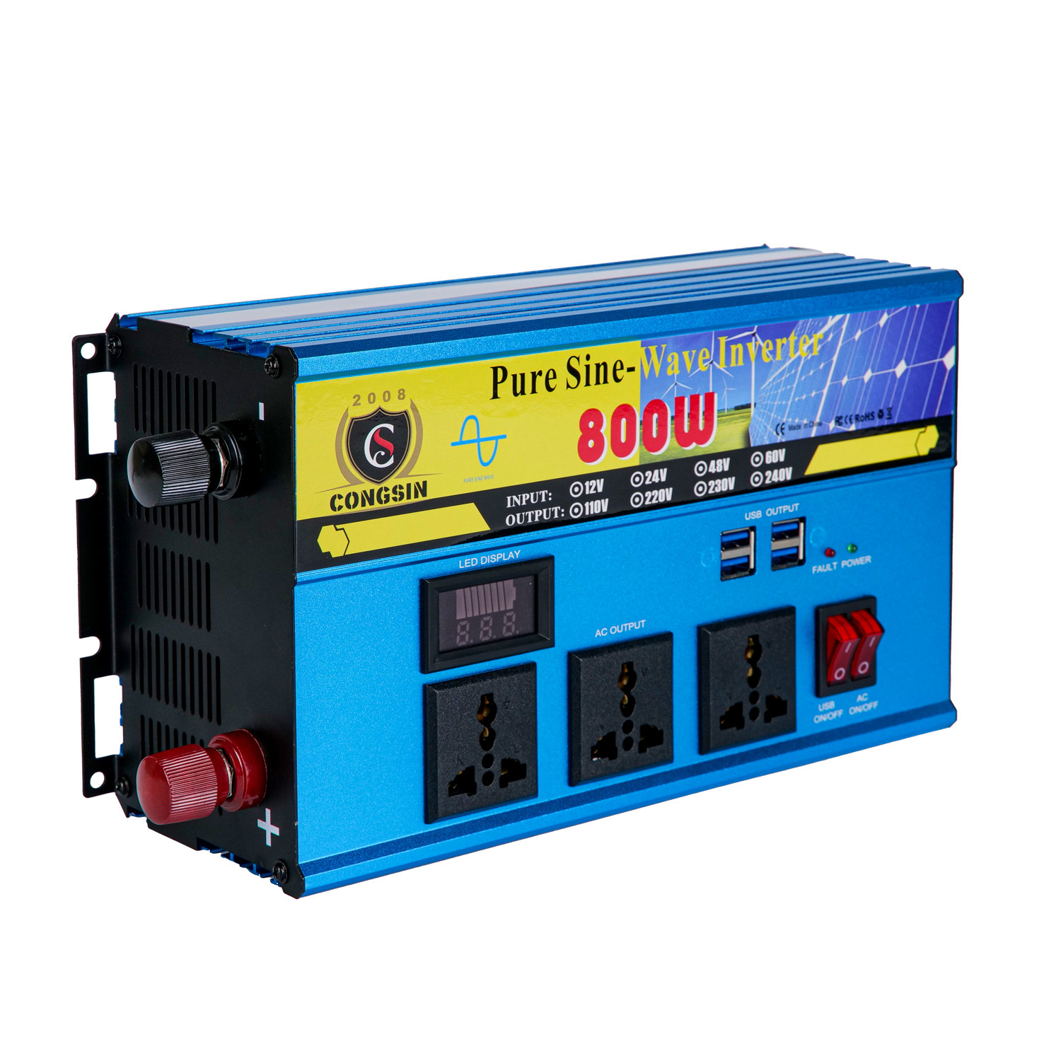 工厂直销800W新款正弦波逆变器双开关3插口4USB带LED显示屏12V24V