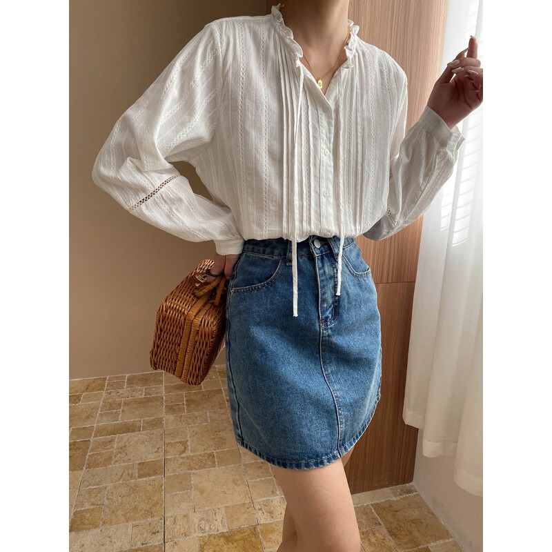 Sinan Early Spring New French Style Pleated Ruffle Lace-Up Hollow-Out Design Long Sleeve Shirt Sn7136