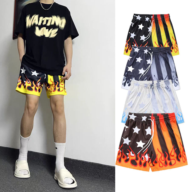 Amazon American-Style Casual Shorts with Flame Pattern for Basketball, Running, Beach, Casual, Breathable Men's Sports Pants