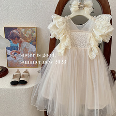 Little girl's summer dress with pearl lace fairy skirt. Baby girl's fashionable lace puff sleeves and puffy mesh princess dress.