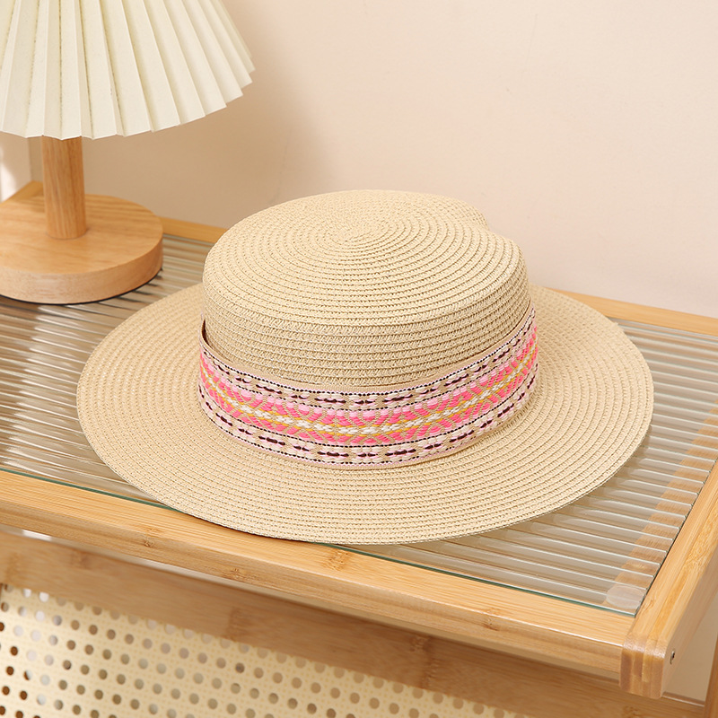 Vintage Straw Sun Hat For Beach Bohemian Flat Top Sun Protection_voghion.com