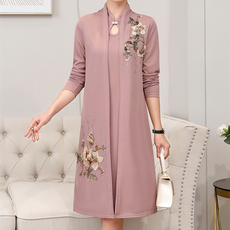 Foreign Trade Women's Embroidered Beaded Two-Piece Set Middle-Aged Women's Cheongsam Spring & Fall New Mother's Dress Jacket Trendy