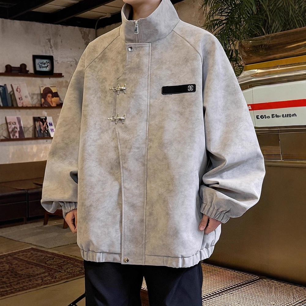 American High Street Buckle Locomotive Pu chaqueta de cuero hombre marca de invierno y otoño suelta retro alta sensación de abrigo de cuero de cuello vertical