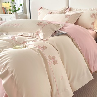 High-End Embroidered Quilt Cover Four-Piece Set French Simple Bedding Sheets Light Luxury Naked Sleeping Bed Sheets Three-Piece Set for Women