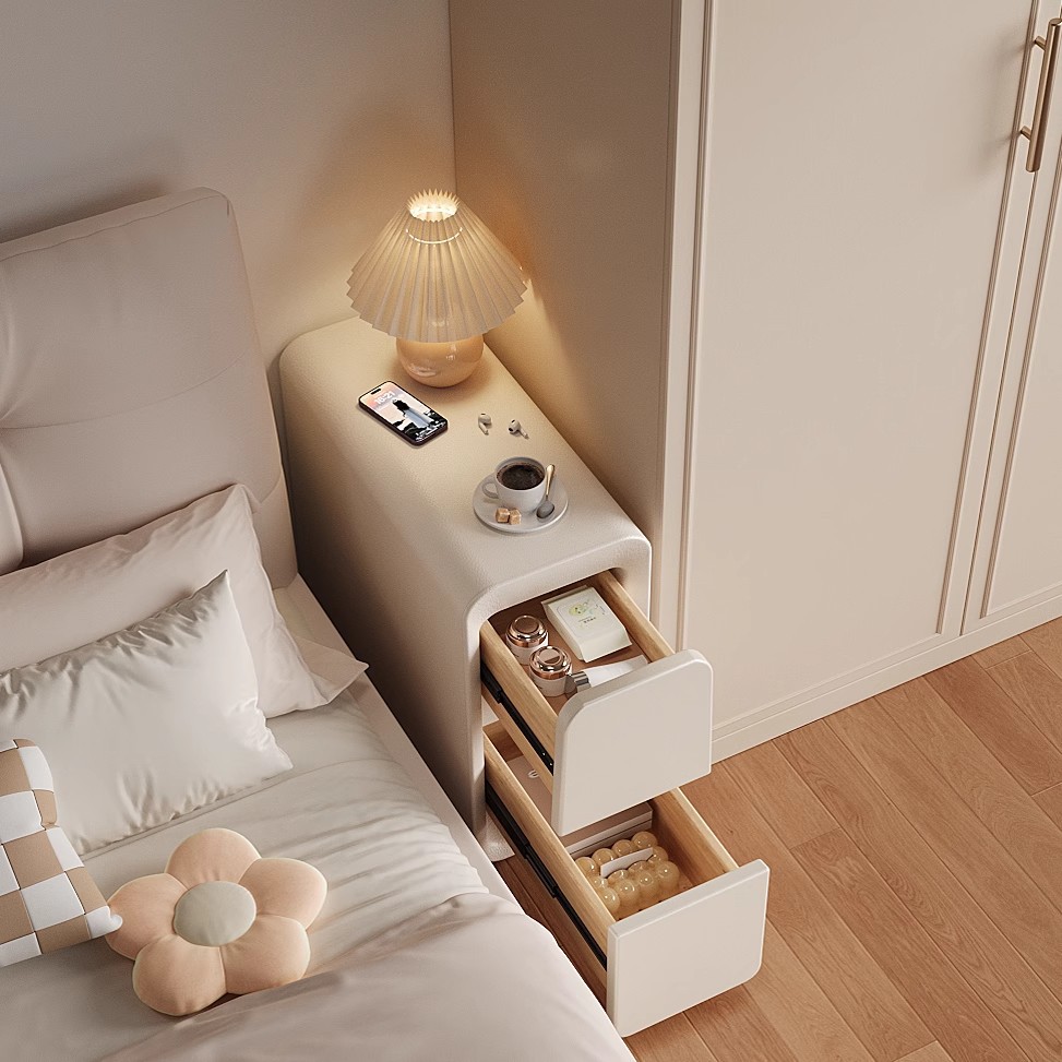 Mesita de noche extremadamente estrecha de estilo crema, lujo ligero, sensación de alta gama, dormitorio doméstico pequeño, gabinete de almacenamiento de madera maciza, gabinete de estilo caliente 2025