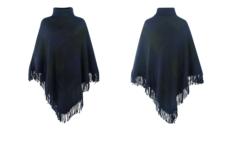 High Neck Fringed Plaid Loose Shawl Sweater NSMMY84040