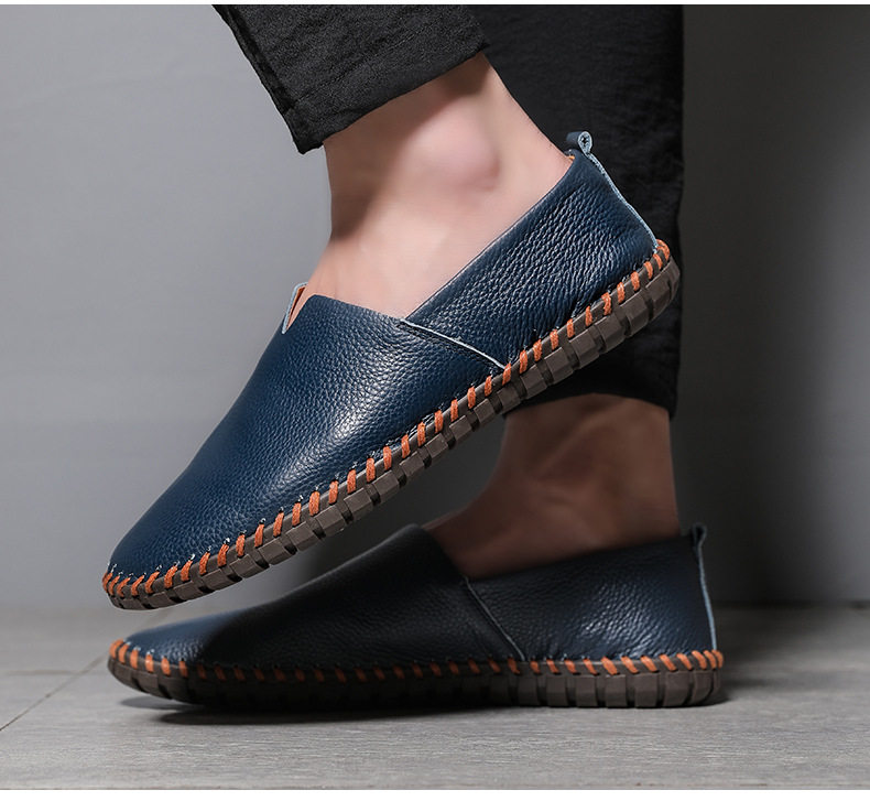 Giày lười nam da bò lớp đầu cỡ lớn, kiểu slip-on mũi tròn, đế bệt — 955 Trắng đục lỗ, 955 lỗ màu nâu, 955 lỗ màu đen, 955 màu xanh lam chi tiết 15