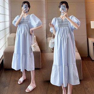 Real Price 2024 Spring/Summer New Maternity Dress Ethnic Style Patchwork Dress Sweet V-Neck Long Dress