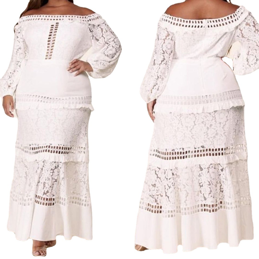 Vestido de Encaje para Mujer, Estilo Europeo y Americano, Primavera-Verano 2025, Hombros Descubiertos, con Volantes, para Boda, Noche o Banquete