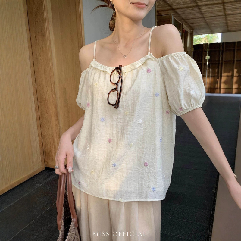Miss Summer French Pastoral Style Colorful Floral Embroidery Versatile Off-Shoulder Camisole W69091