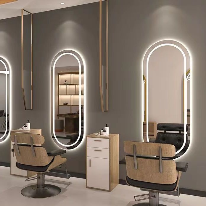 Espejo de peluquería simple, espejo especial para salón de peluquería, espejo de caída geográfica, mesa de peluquería red, lámpara de cinta roja luminosa unilateral, espejo inteligente de pared colgante image 12