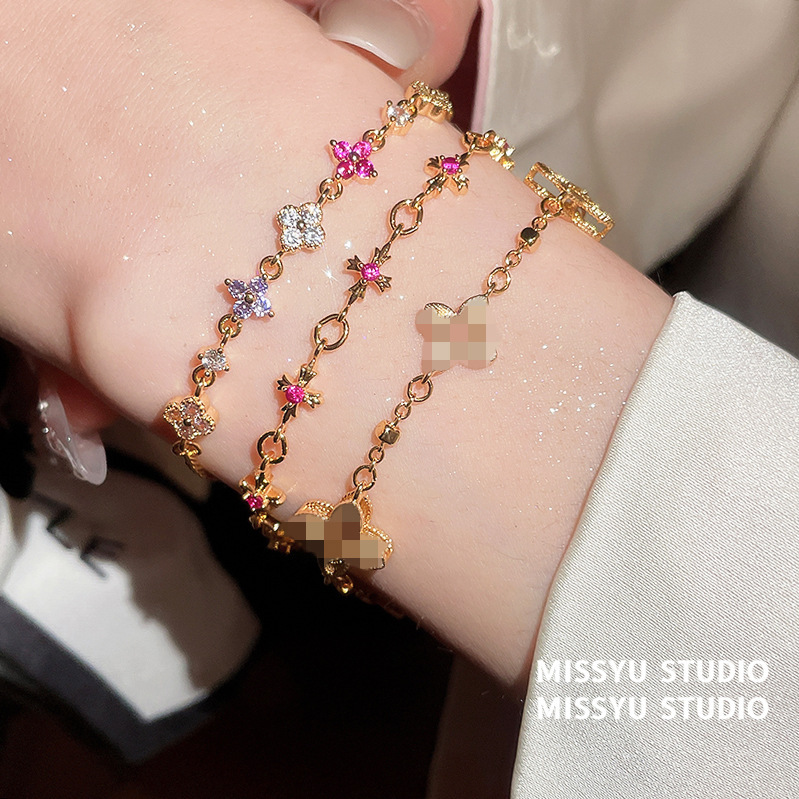 Rouge Pink~Brilliant Sparkling Zircon Flower Bracelet 18K Real Gold Plated Bracelet Light Luxury High-End Feel Hand Jewelry for Women
