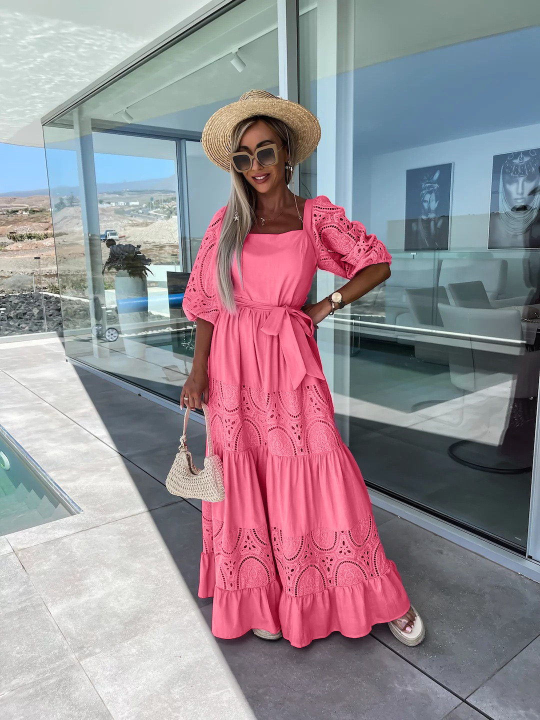 Women's Swing Dress Vacation Square Neck Hollow Out Half Sleeve Solid Color Maxi Long Dress Holiday display picture 6